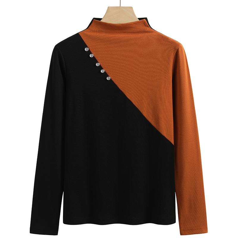 Women's Spring and Autumn Tops, High Neck Bottoming Shirts, Long Sleeves, Contrast Color Women's T-Shirts, Slim Fit Tops