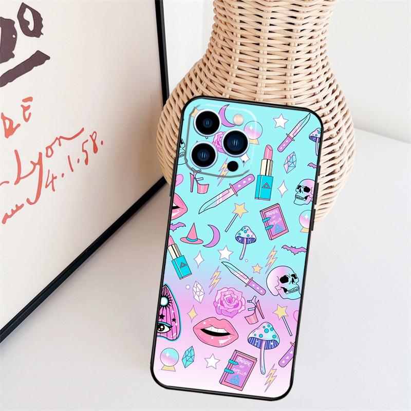 Girly Pastel Witch Goth Pattern Phone Case For iPhone 16 Pro Max 15 14 13 11 12 17 Pro Max mini 15 16 Plus 16e 17 Air Cover