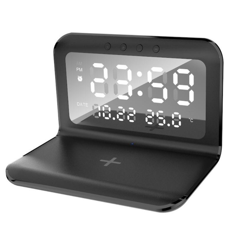 ABBP-Quick Charge Wireless Charging Desk Clock- 2-In-1 Design, Digital Display, Black