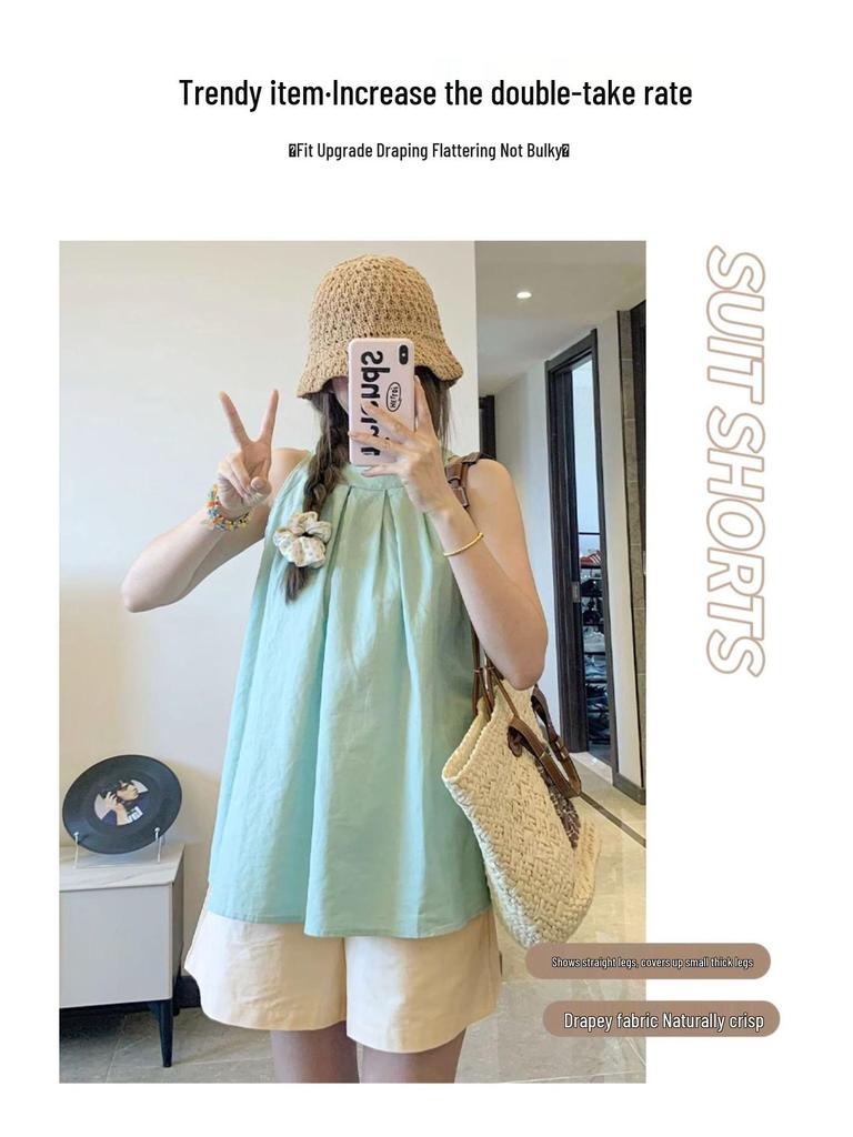Women's Apricot High-Waist Cotton Linen Cargo Shorts - Summer 2025 Collection: Casual Wide-Leg Mid-Length Design