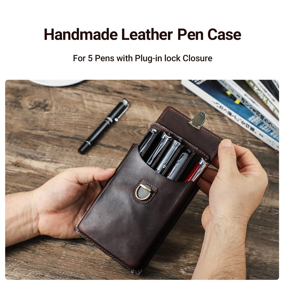 HIRAM Separate Design Pen Case for Fountain Simple Slim Holds 5 Genuine Leather Pens, Design, Pens, (Coffee)