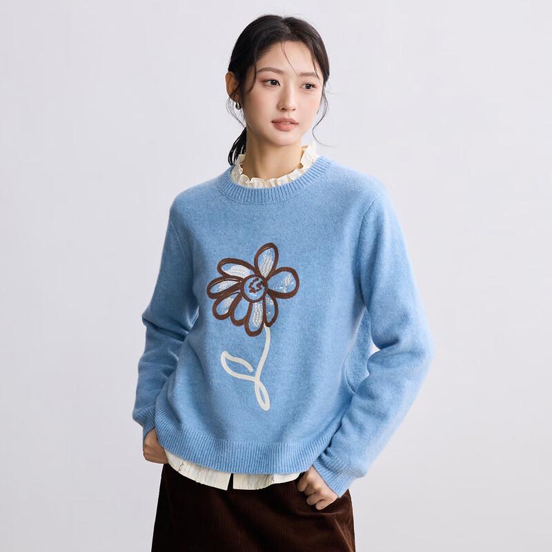 INMAN Women's Wool Blend Floral Pullover Sweater