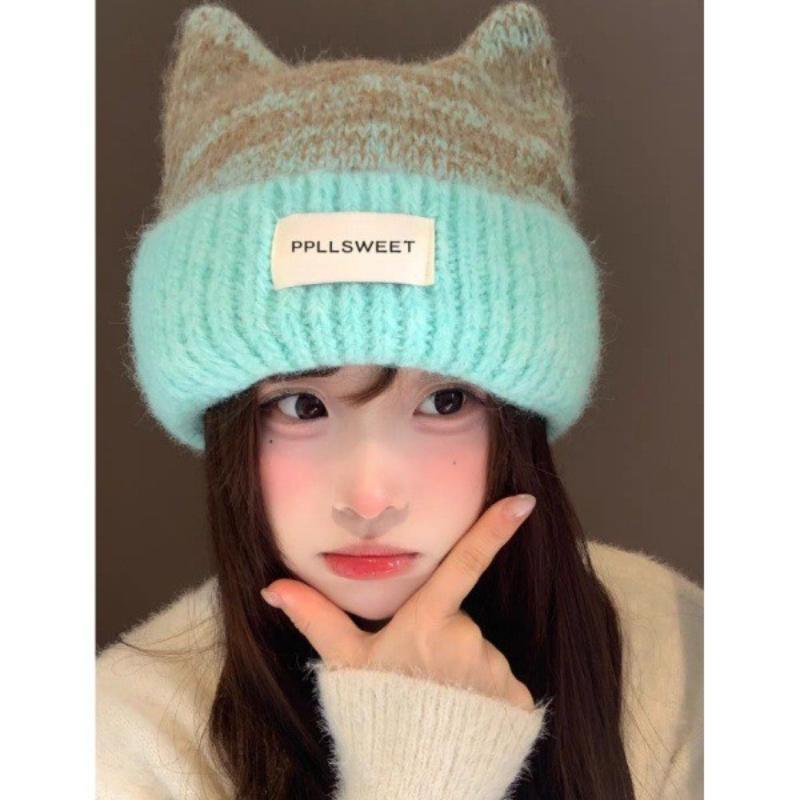 Fuzzy Knit Cat-Ear Beanie Warm Plush Lined Thermal Winter Hat for Women Casual Street Wear Outdoor Daily Use
