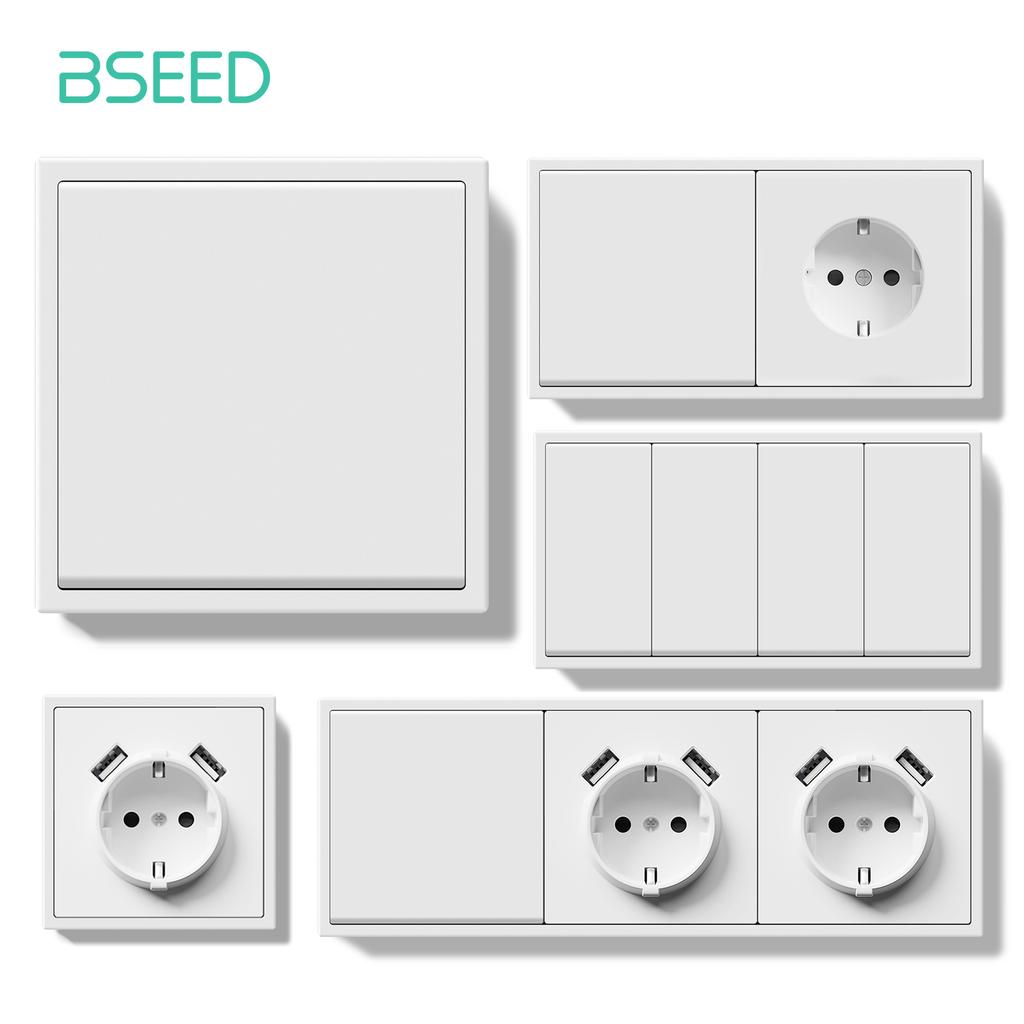 BSEED 1/2Gang Mechanical Light Switches Large Buttons 1Way With EU Socket 2USB Charging Ports Plastic Panel No LED Light White