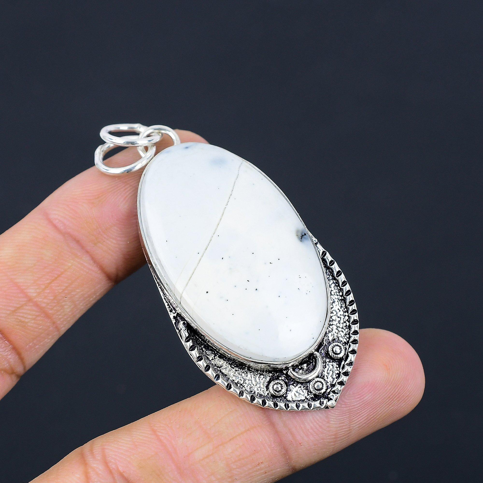 Oval Porcelain Jasper Gemstone 925 Silver Anniversary Art Deco Pendant Jewelry