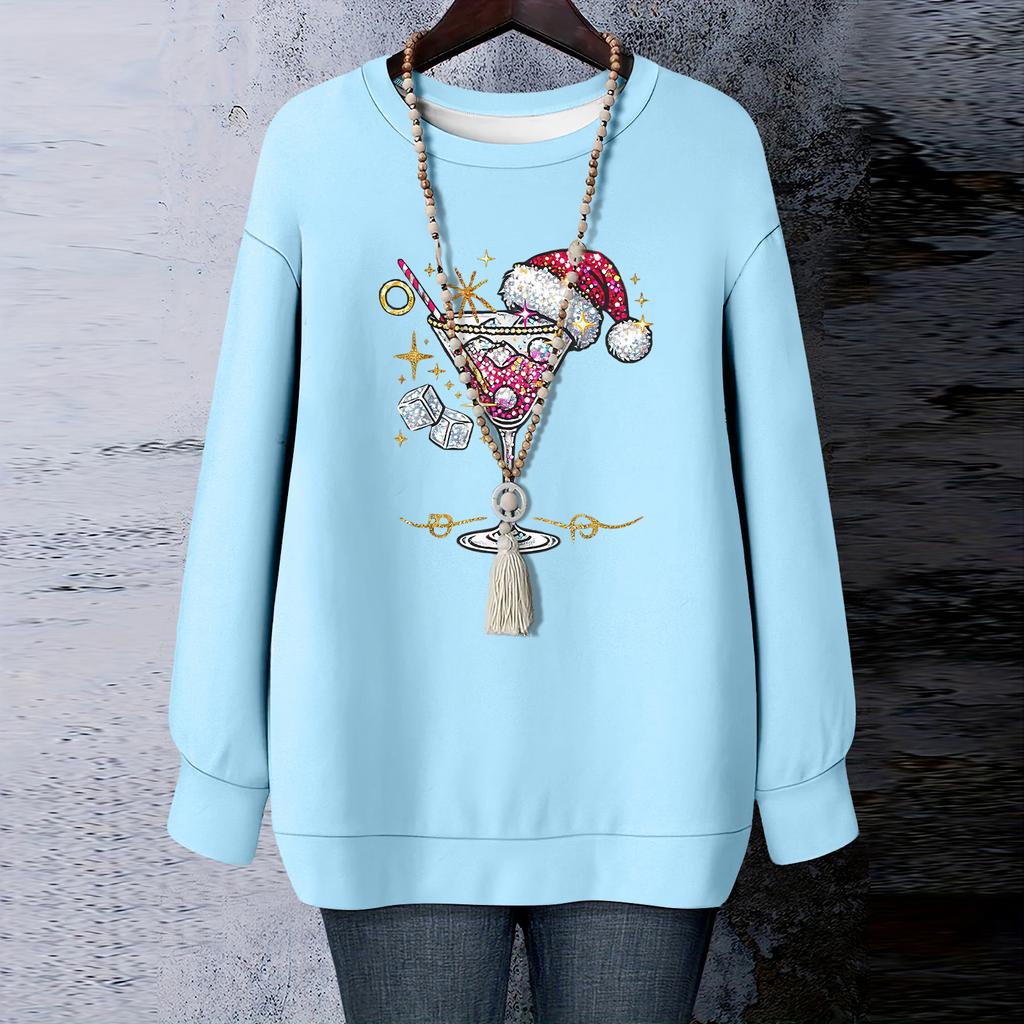 Ladies' Christmas Printed Round Neck Long Sleeved T-shirt Sweatshirt Top