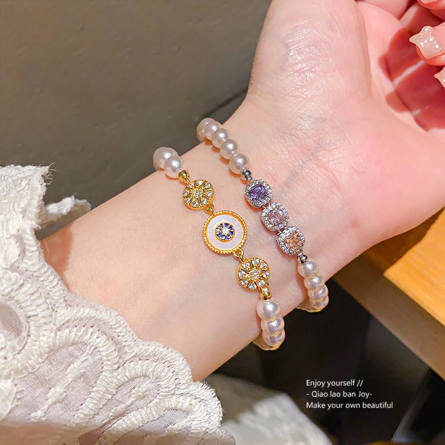 French Vintage Zircon Pearl Square Bracelet For Elegant Women Gift Event