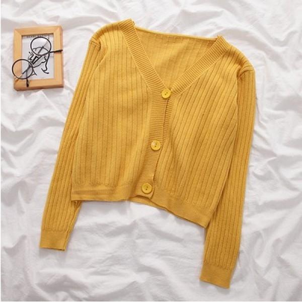 

Осенне-зимний короткий вязаный кардиган, куртка, мягкая толстая однобортная куртка с ямками, шерстяной свитер жёлтый