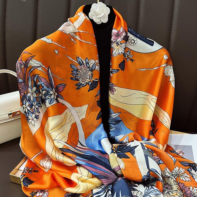 Spring and summer new silk scarf, brocade versatile thin shawl, breathable floral beach scarf, autumn scarf