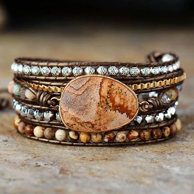 BLINGBAY Damen-Armband, Naturstein, 5 Kreise, Wickelarmband aus Leder, Retro-Schmuck, Zubehör, moderner Schmuck, Geschenk