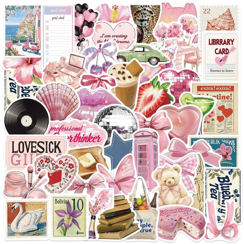 50Pcs/Set Retro Pink Junk Diary Stickers DIY Fashion Waterproof Doodle Decals Stickers