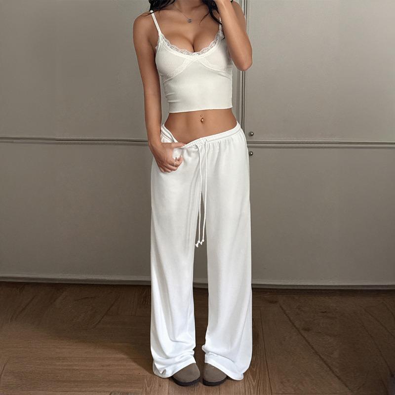 

Womens Elastic Waist Drawstring Wide Leg Casual Pants S белый