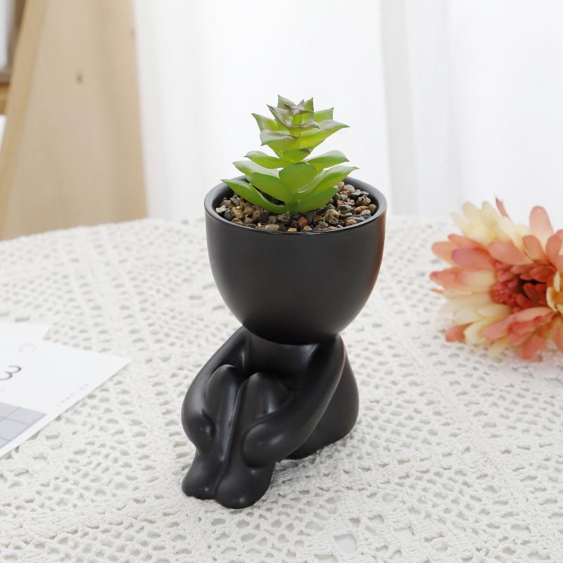 Creative Black Figure Flower Pot Succulent Plant Pot for Home Tabletop Decor Black Figure Cactus Potted Abstract Statue PlantPot