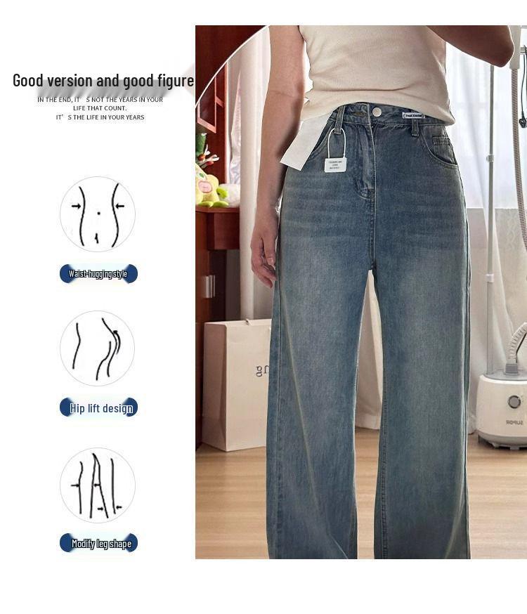 Women's Retro Blue Plus Size Wide-Leg Jeans - Autumn Slimming Fit for Pear Shapes