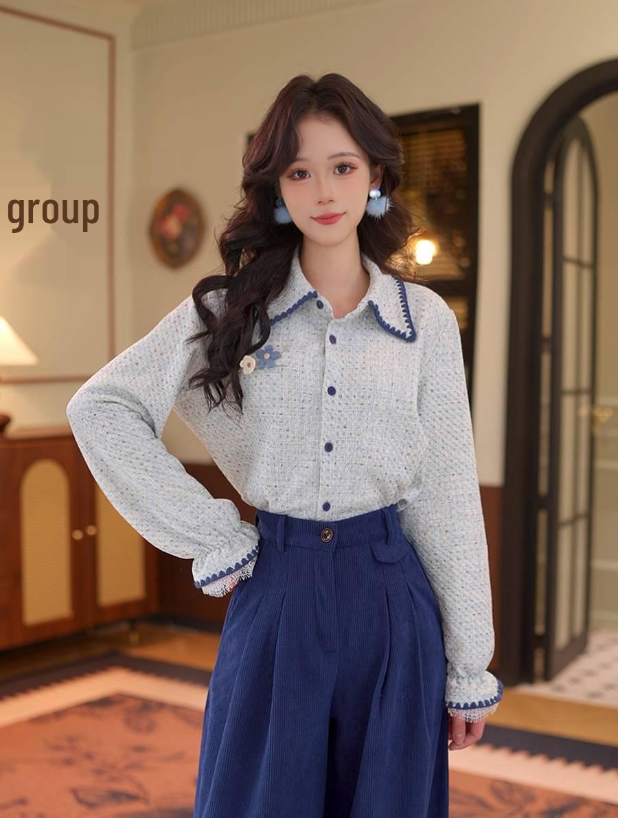 DaYuanSAD Women s Color Block Lapel Long Sleeve Shirt - Versatile Temperament Top #G15321 Large синий