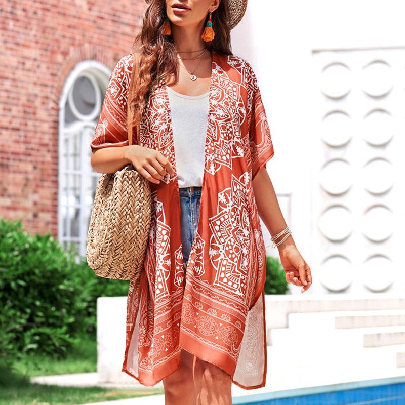 

Женский купальник, свободный этнический цветочный принт, бикини, накидка, длинная блузка в стиле бохо, кардиган, купальник