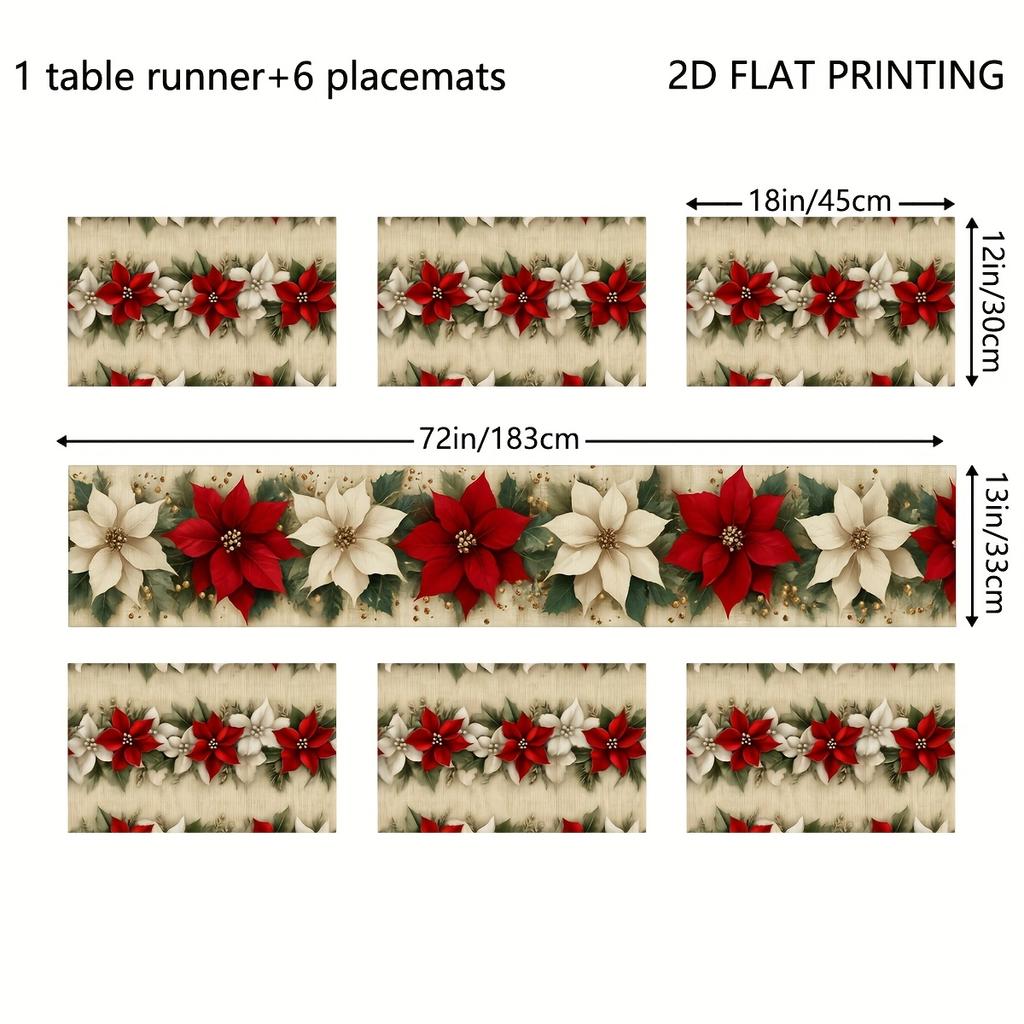 5/7pc Vintage Poinsettia Christmas Table Runner with Placemat Red White Floral Print Festive Table Deco for Xmas Dinner Holiday