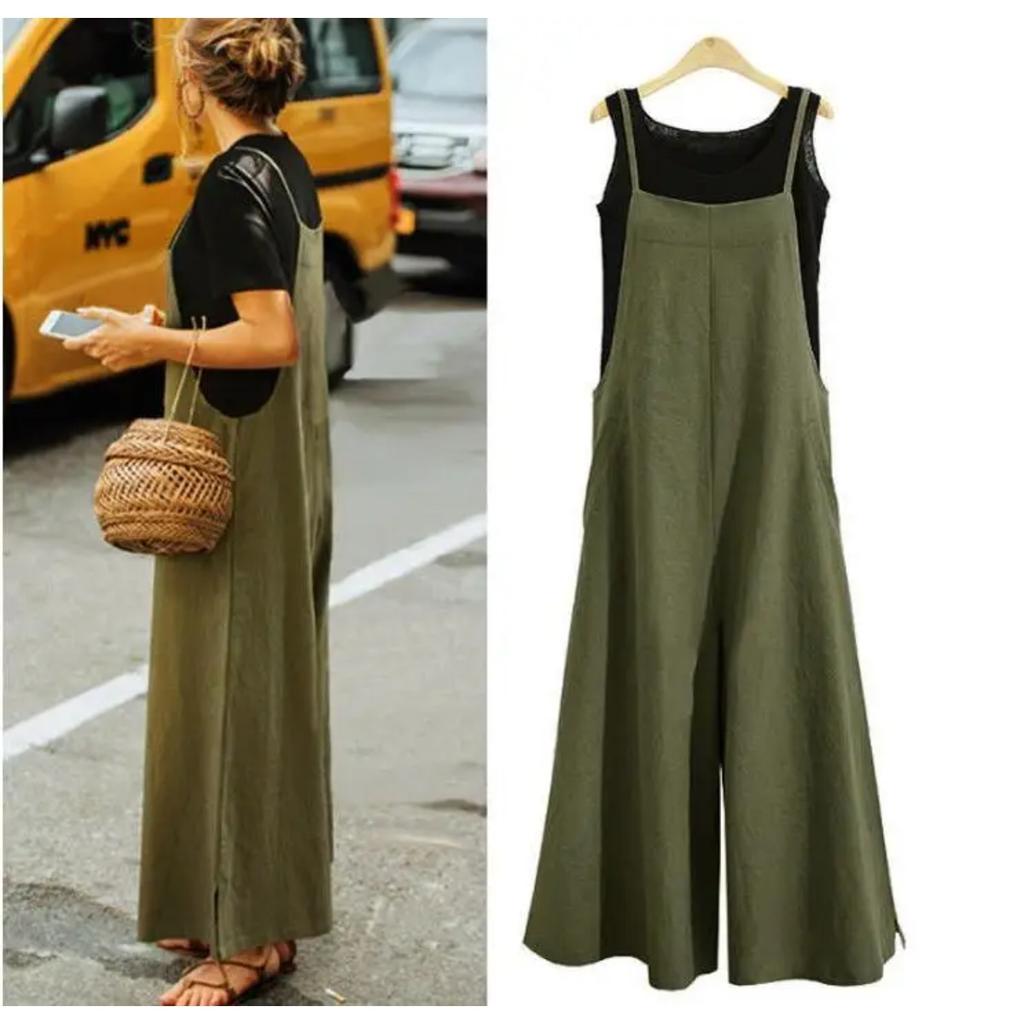 Women Straps Jumpsuit Summer Solid Color Wide Leg Pants Dungaree Bib Overalls Casual Loose Sleeveless Cotton Linen Jumpsuits 5Xl