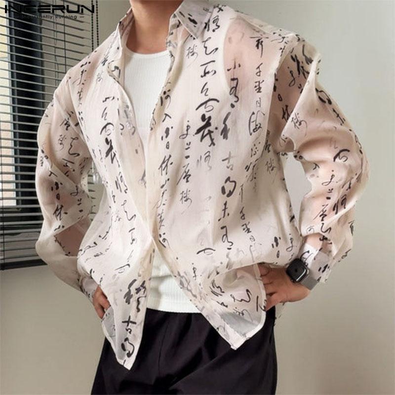 INCERUN Oversized Vintage Men Long Sleeve Print Semi-Sheer Tops T-shirts