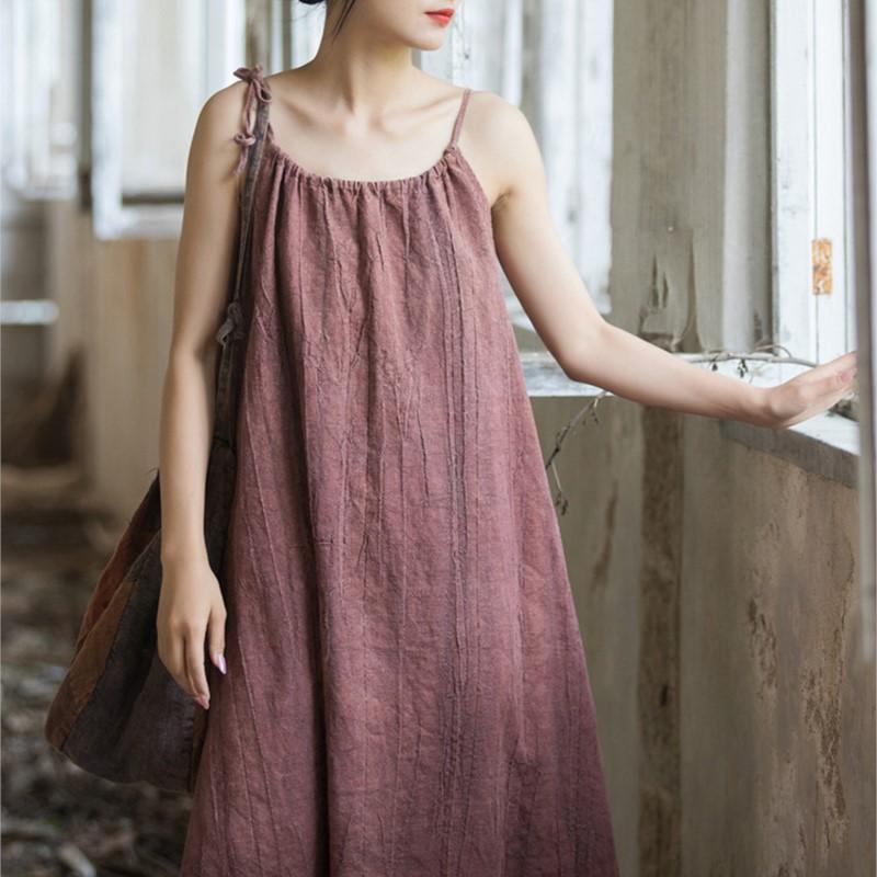 Johnature Women Vintage Ramie Cotton Spaghetti Strap Dress Summer Female Solid Color Sleeveless Dresses
