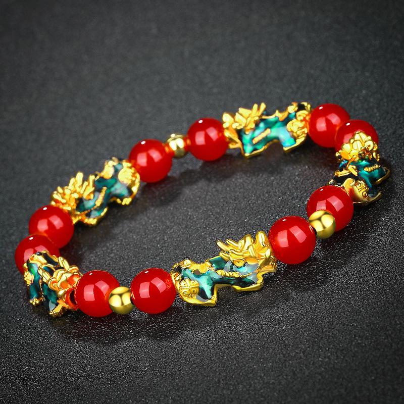 Vietnamese Sand Gold Pixiu Bracelet with Imitation Hetian Jade & Green Agate Beads, Women's Discoloring Stone, TikTok Style.