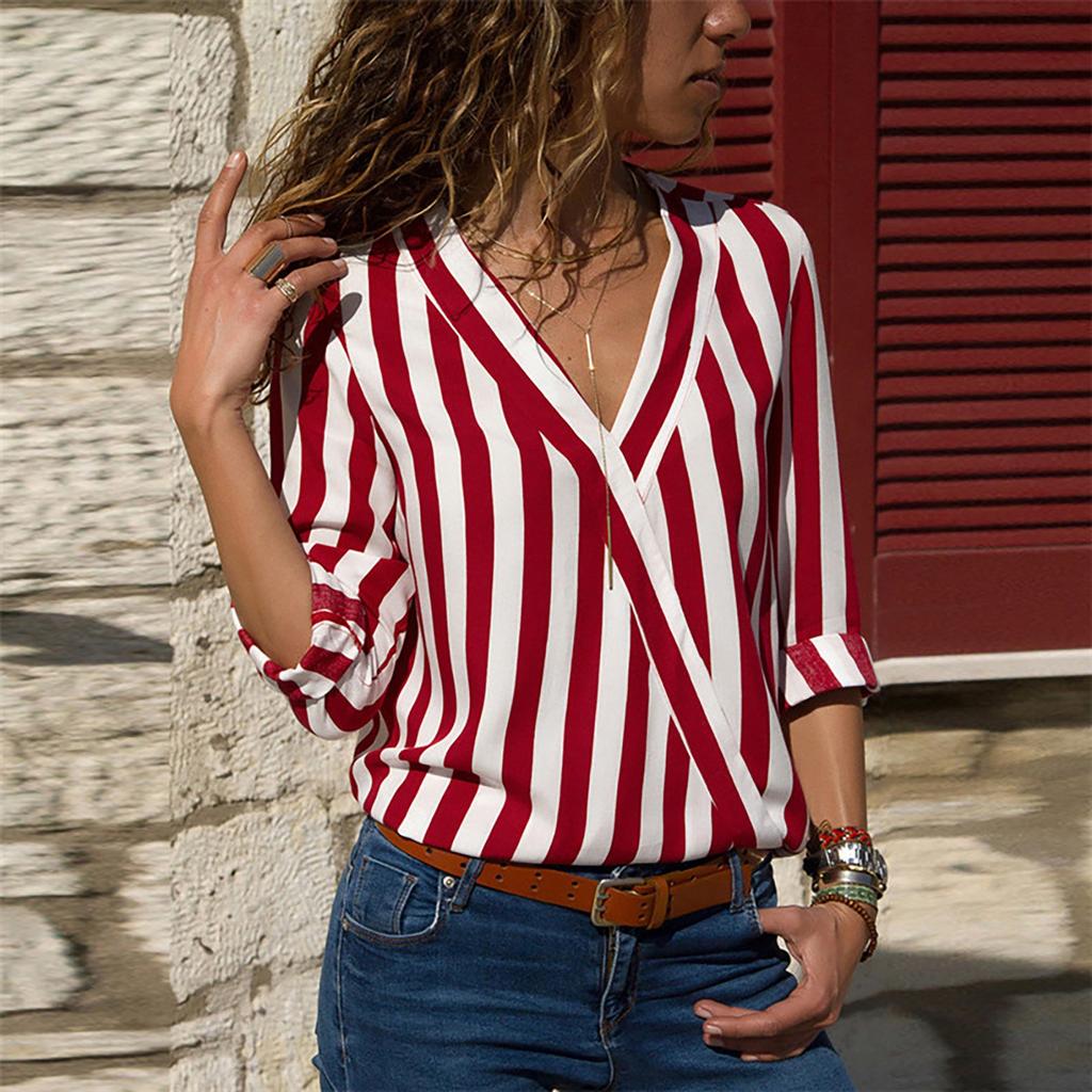 Casual Loose V-neck Striped Chiffon Long-Sleeved Women's Pullover Shirt