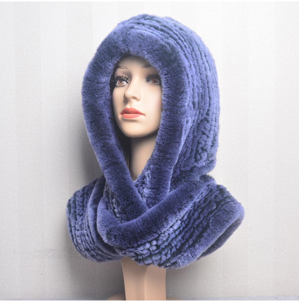 Hot Sale New Women Real Knitted Rex Rabbit Fur Hat Hooded Scarf Long Winter Warm Fur Hat With Neck Collar Scarves Hat Scarf