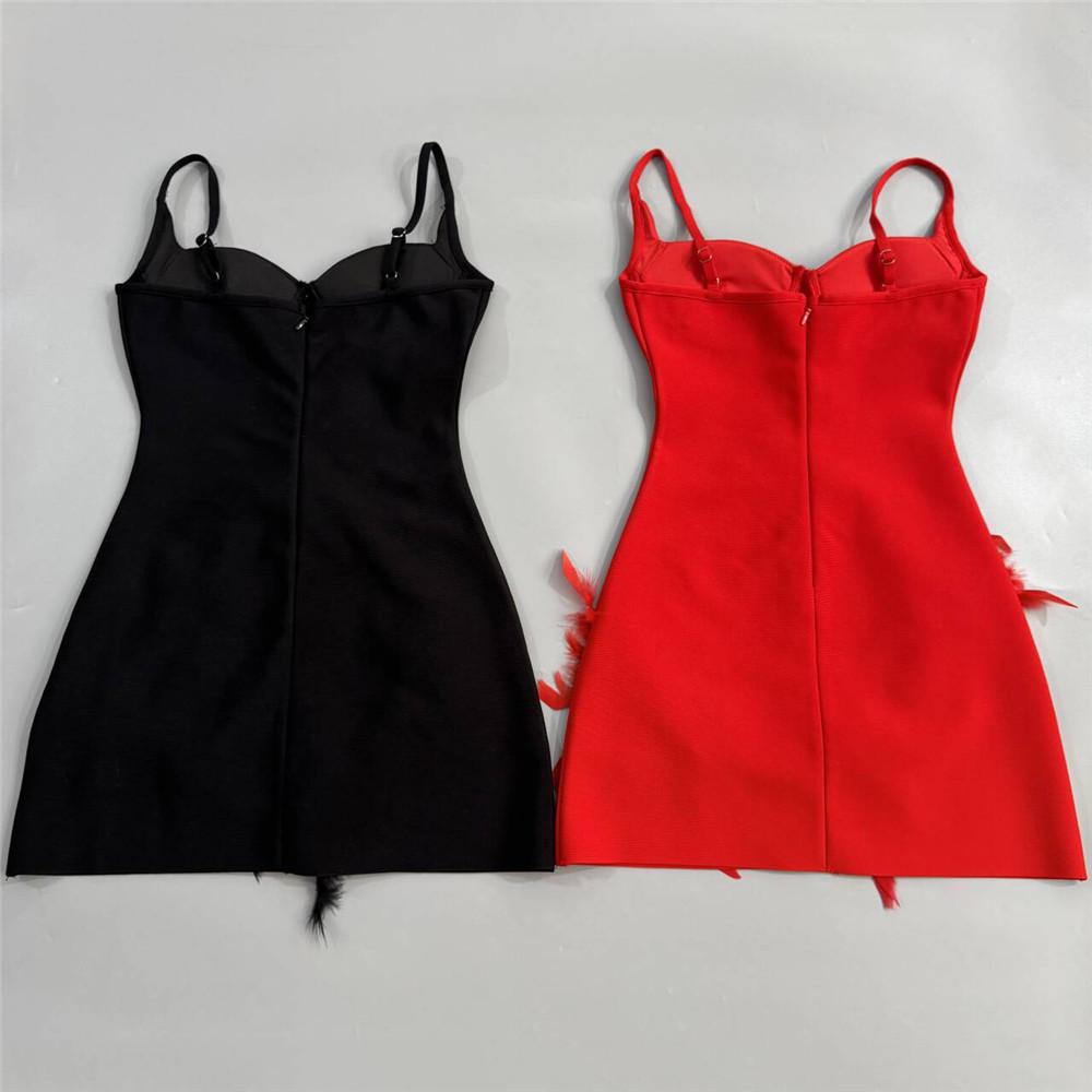 2026 Women's Rhinestone Feather Spaghetti Strap Bandage Mini Dress - Little Black Prom Party Dress