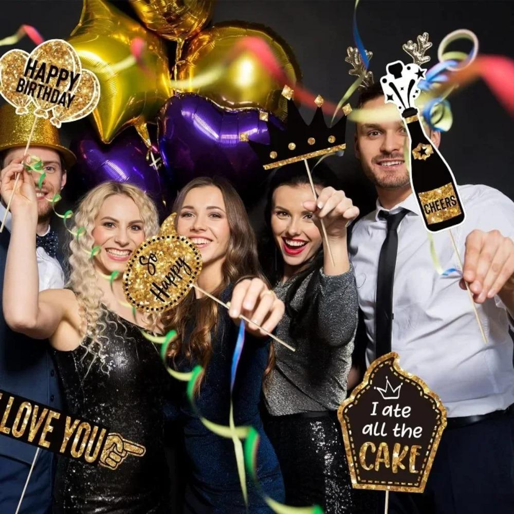 36pcs Black Gold Birthday Photography Props Paper Dress Up Costume Mask Photo Booth Props Kids Gift