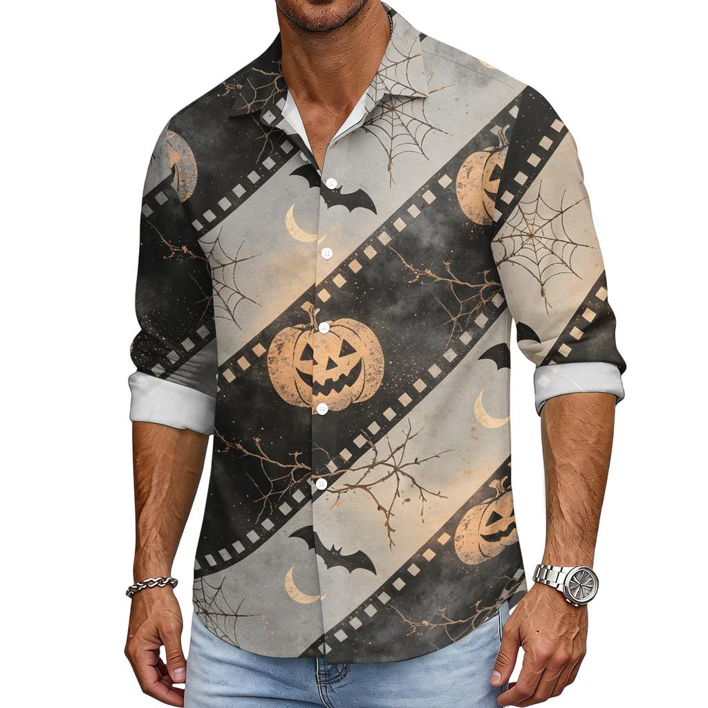 Men's Loose Fit Long Sleeve Shirt Halloween Pumpkin Print Casual Button Down Shirt Vintage Style Breathable Fabric Comfortable for Outdoor Workwear