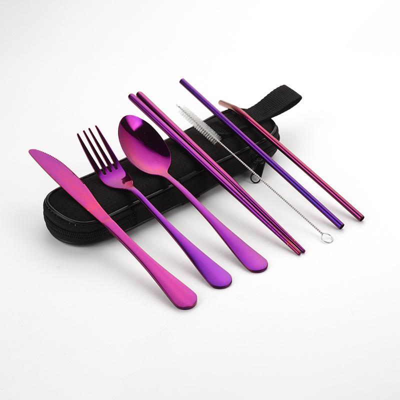 Travel Portable Stainless Steel Cutlery Set: Knife, Fork, Spoon, Straw, Chopsticks with Bag