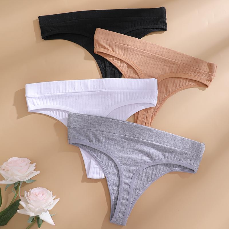 FINETOO 4 ks/sada Dámské bavlněné tanga kalhotky Ženské žebrované s nízkým pasem G-string Dámské sexy bikini string Dívčí měkké S-L Intimní prádlo