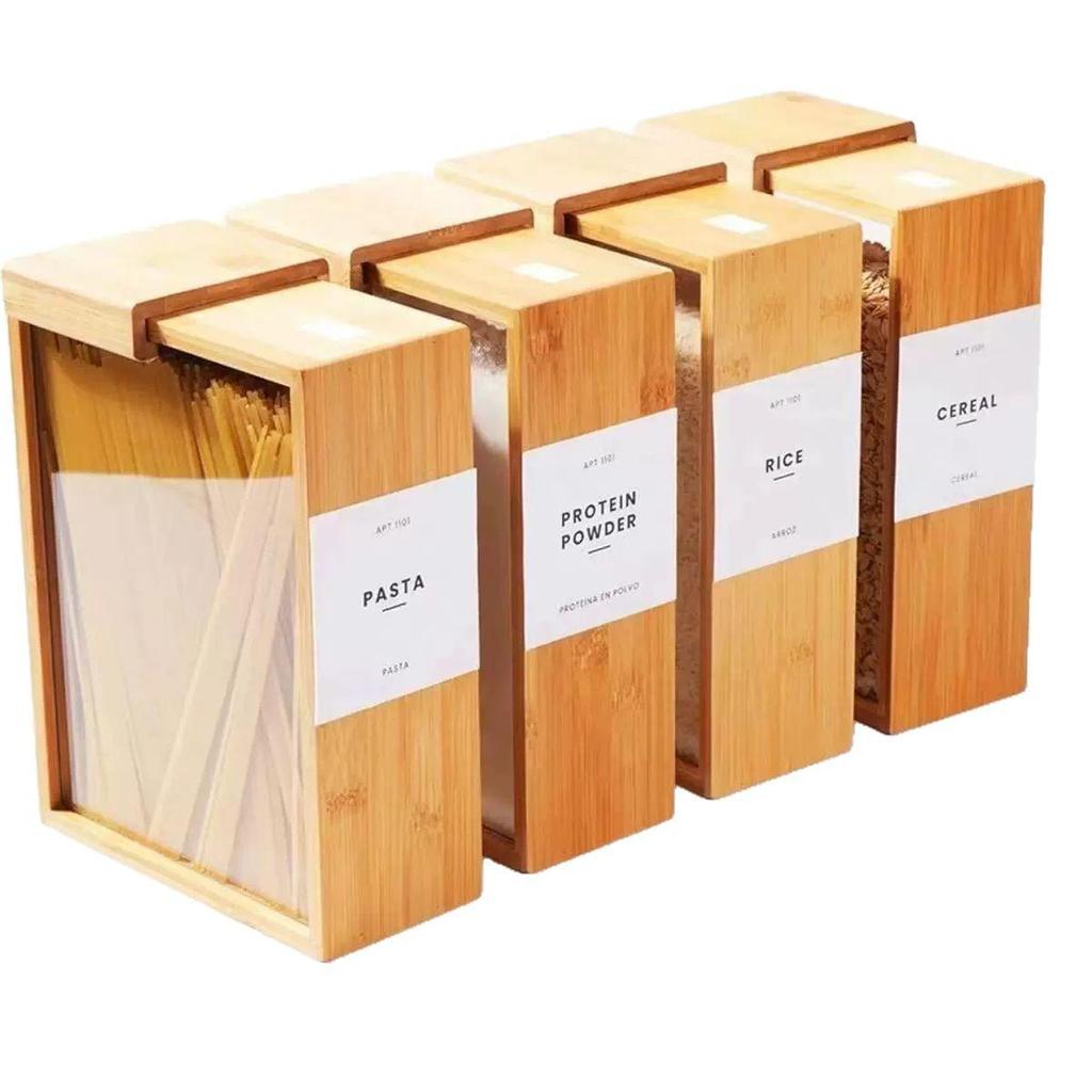Bamboo & Wood Sliding Lid Grain Storage Box | Wooden Food Dispenser