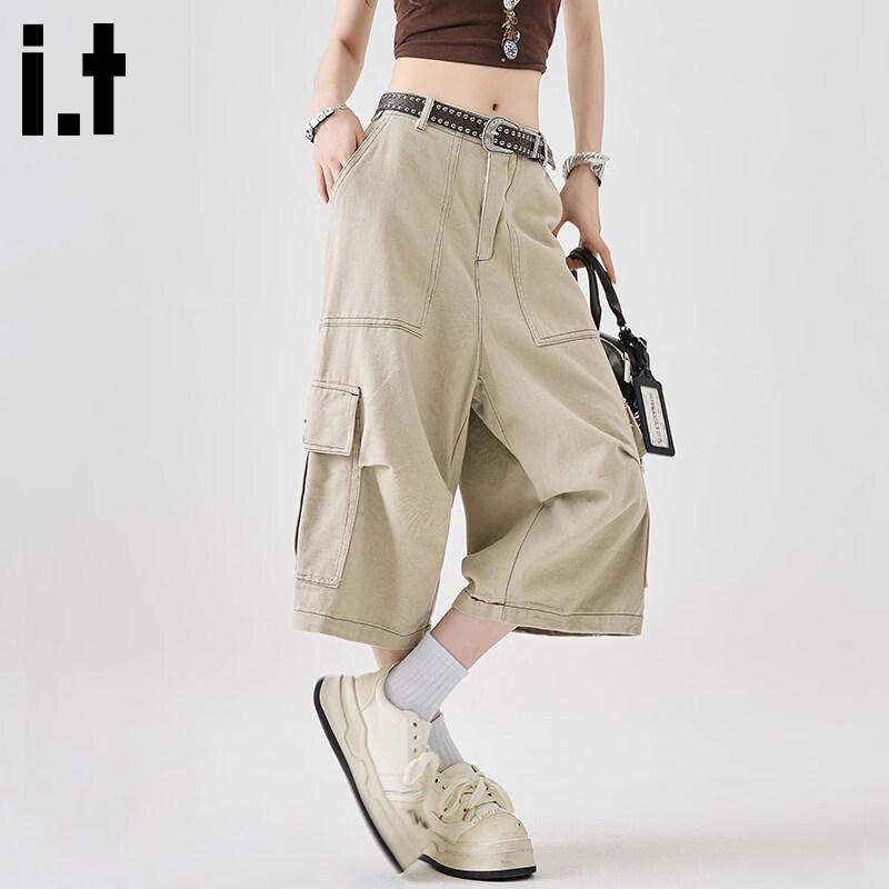:CHOCOOLATEit Women's Cropped Wide-Leg Denim Cargo Pants