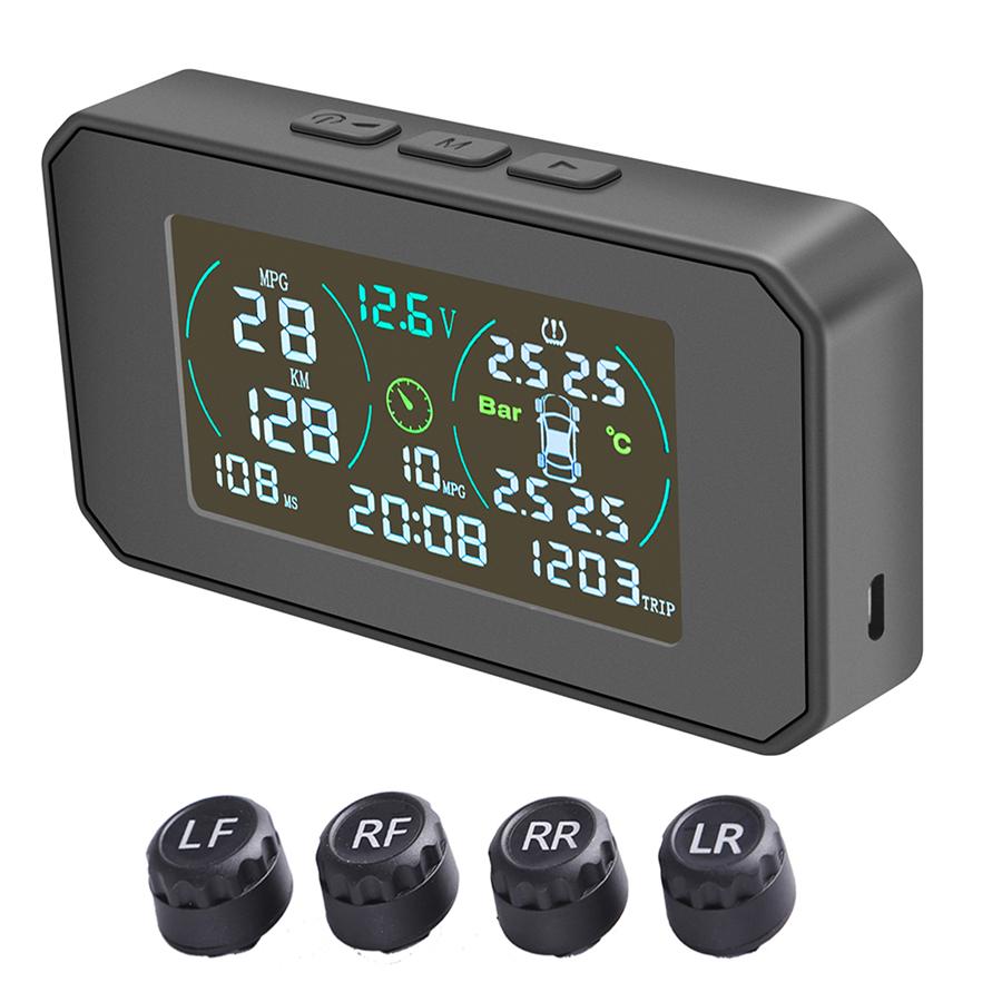 Wireless Car TPMS HUD Solar USB Charging Tire Pressure Monitoring System+Clock
