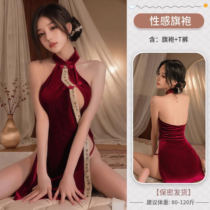 Sex underwear sexy national style buckle velvet cheongsam hollow high waist split fork uniform set retro split fork nightdress