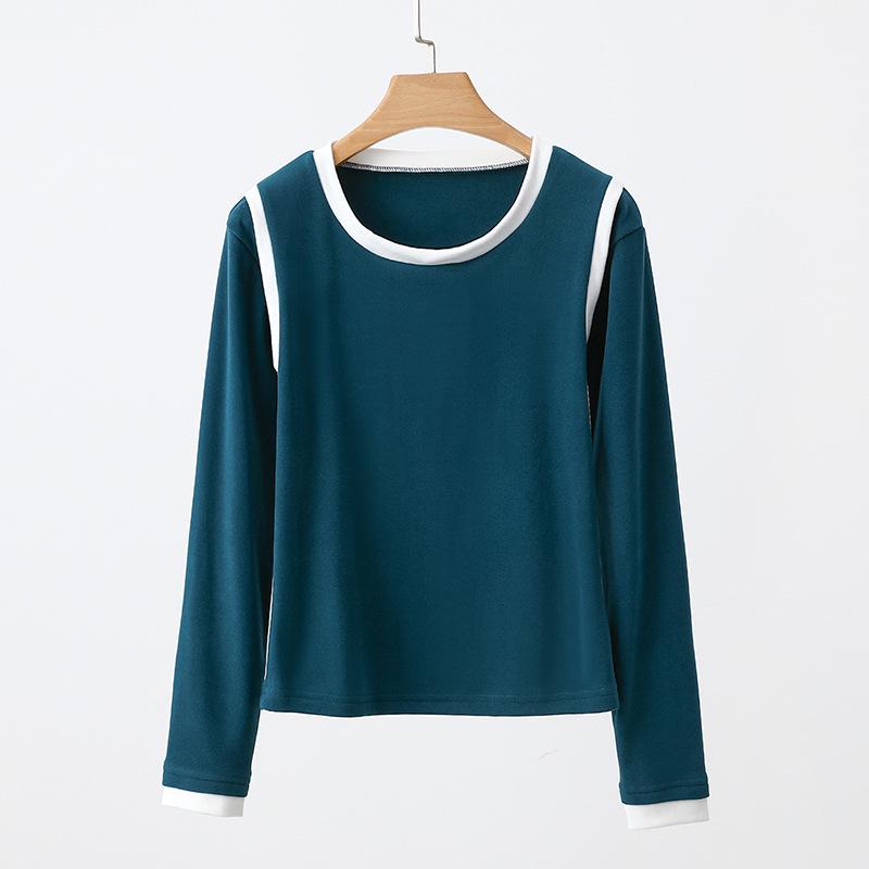 

Женская повседневная универсальная футболка с длинным рукавом в стиле колор-блок - Приталенный французский стиль для осени и зимы 2XL [70-80 kg]