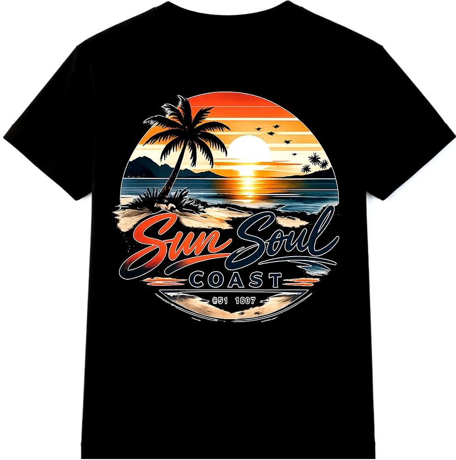 Retro Sunset Tee Beach Palm Tree T Shirt Tropical Summer Sun Soul Coast Tee S разноцветный