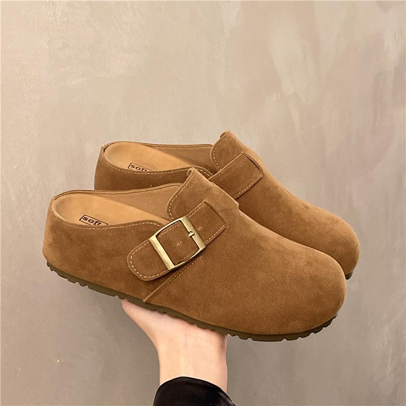 

Boken shoes 2025 new leather flat-bottomed buckle bag head shoes women s round head foot set lazy one pedal half slippers 40 жовтий