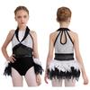 Kids Stage Performance Costume Turn-Down Collar Sleeveless Sheer Mesh Keyhole Back Sequins Leotard