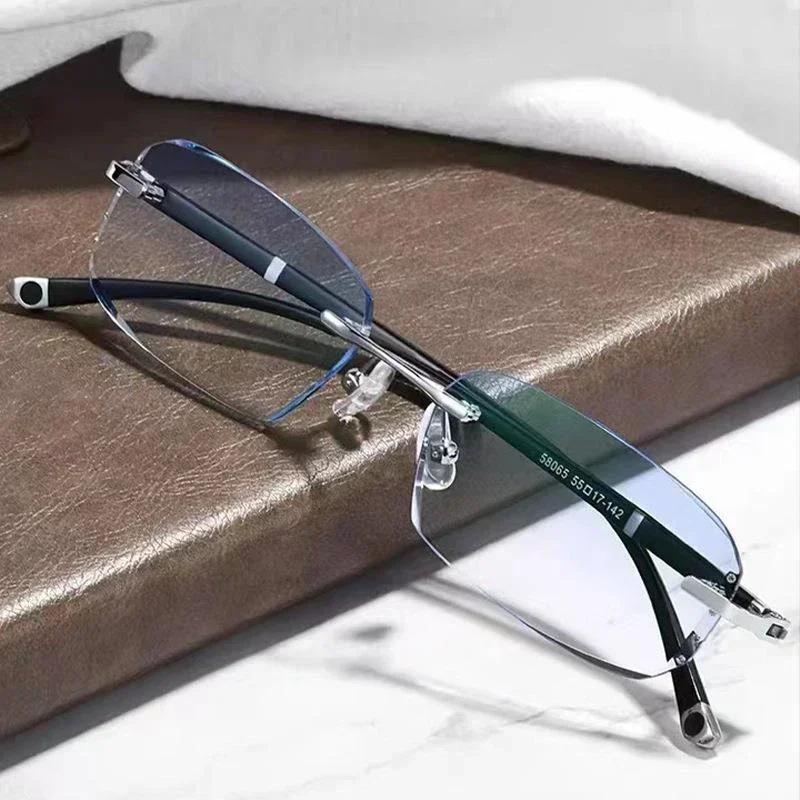 Diamond Trimmed Frameless Photochromic Reading Glasses Fashionable Business Men Glassess Anti Blue Light Presbyopia Glasses