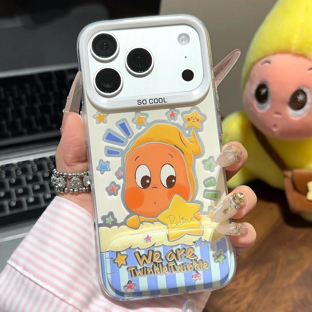 Silver Star Frosted Cartoon Case for Apple 14Plus, 15, 16Pro, 17ProMax, with Card Holder