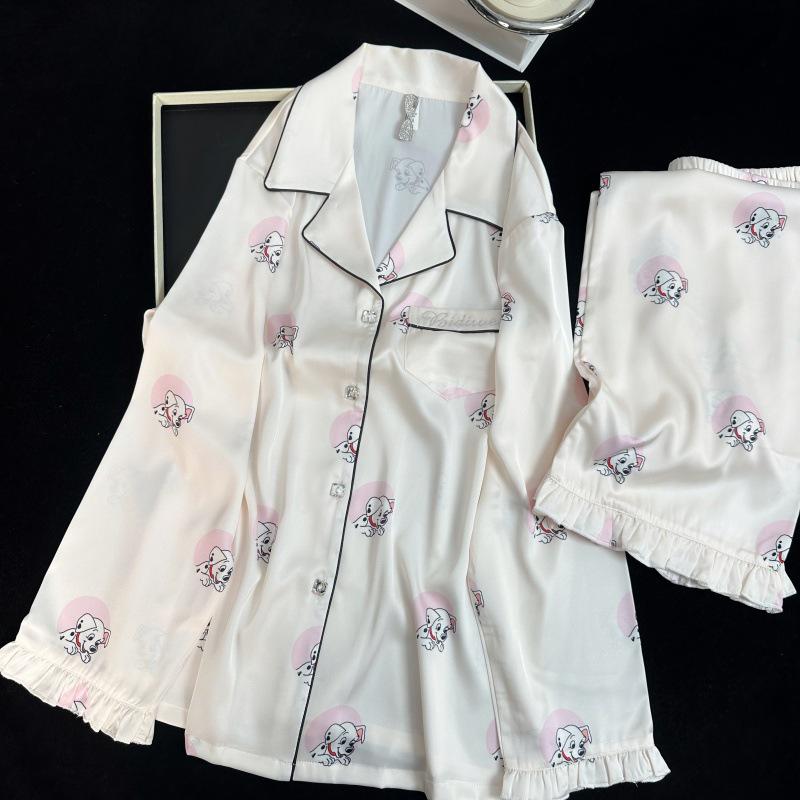 Yase Round Pink Spotted Dog Ice Silk Pajama Set - Sweet Cartoon Long Sleeve & Pants XL