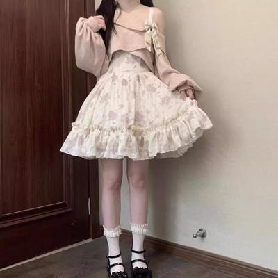 Zoete Lolita Stijl 2-delige Jurk Set Dames Roze Strik Gebreide Jas Kawaii Bloemen Mini Jurk Vrouwelijke Strandfeest Pak