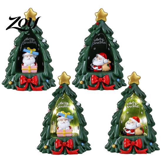 Christmas Tree Figurine with Lights Resin Ornament Warm LED Lights, Festive Tabletop Decor for Holiday Home Fireplace Office Decoration, Santa
