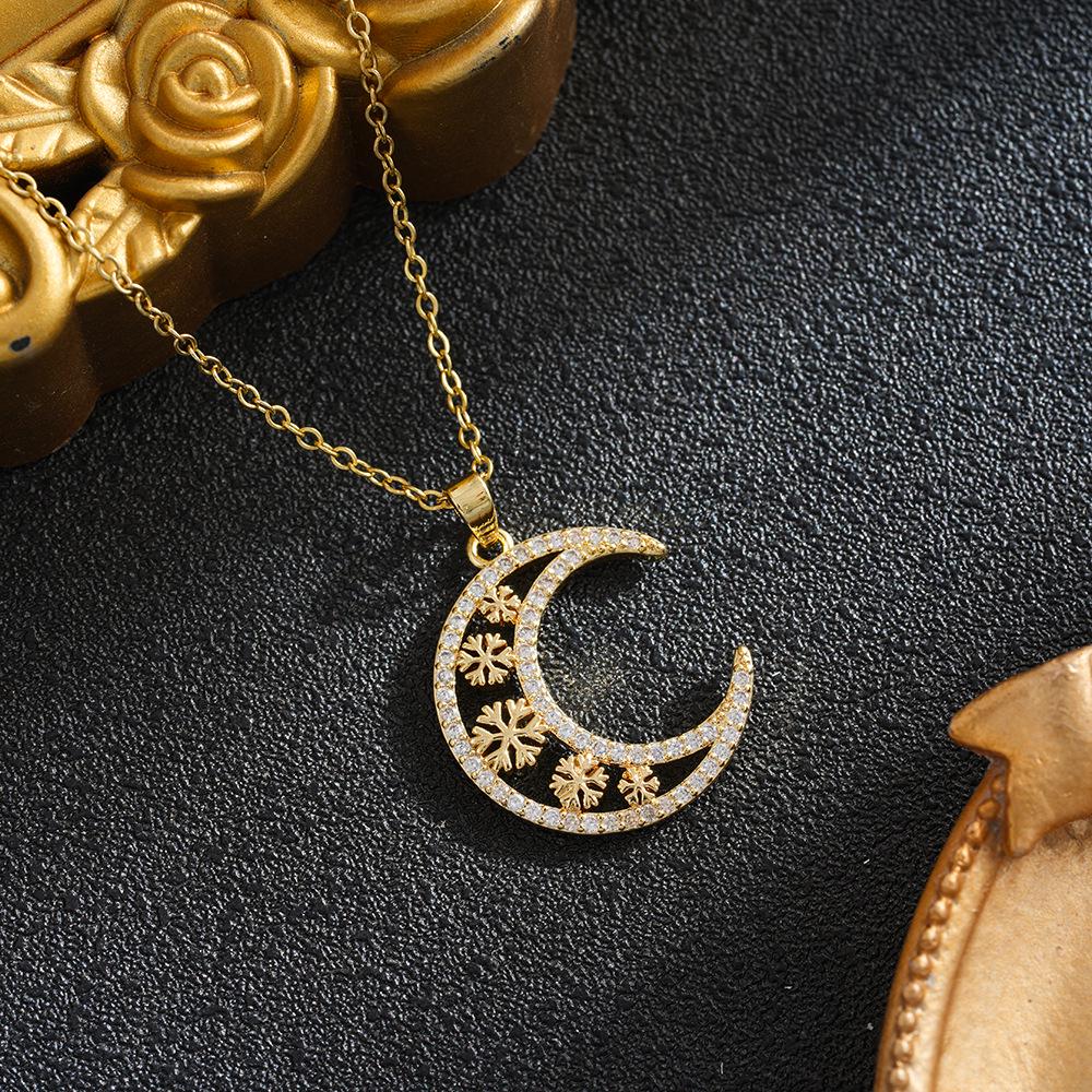 Full Diamond Snowflake Moon Pendant Necklace - Women's Versatile Trendy Clavicle Chain with Japanese Korean Design