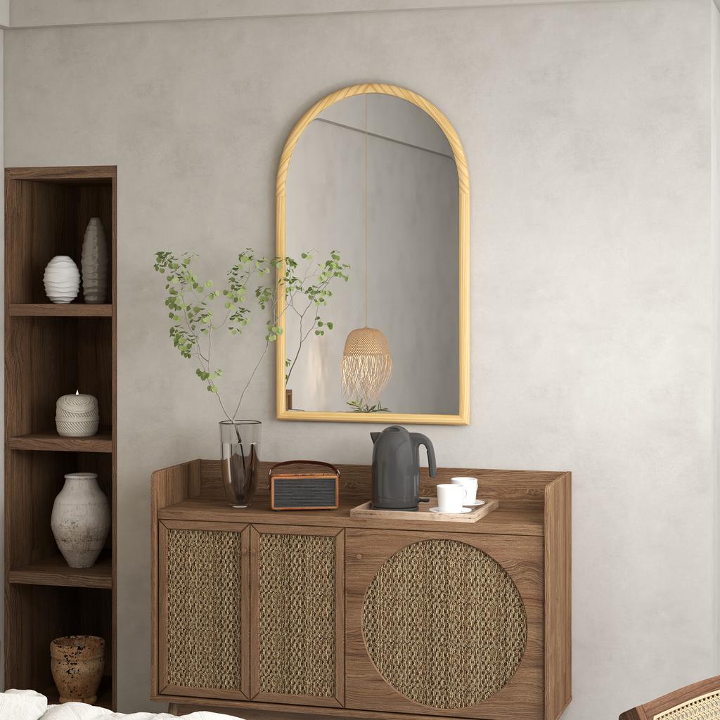 Arched Wall Mirror, Wooden Frame, 110 x 65 cm, Natural Wood