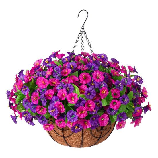 Artificial Hanging Fake Flowers with Basket Outdoor UV Resistant Faux Silk Morning Glory Vines Plants for Porch Patio Garden Balcony Yard Spring