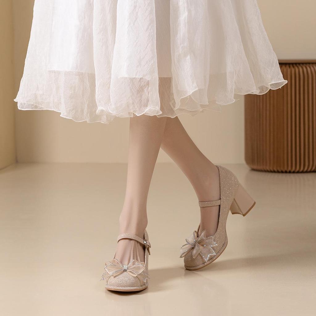 2024 Spring/Summer Bridesmaid Mary Jane Rhinestone Bow Heels - Versatile Women's Chunky Heel Shoes