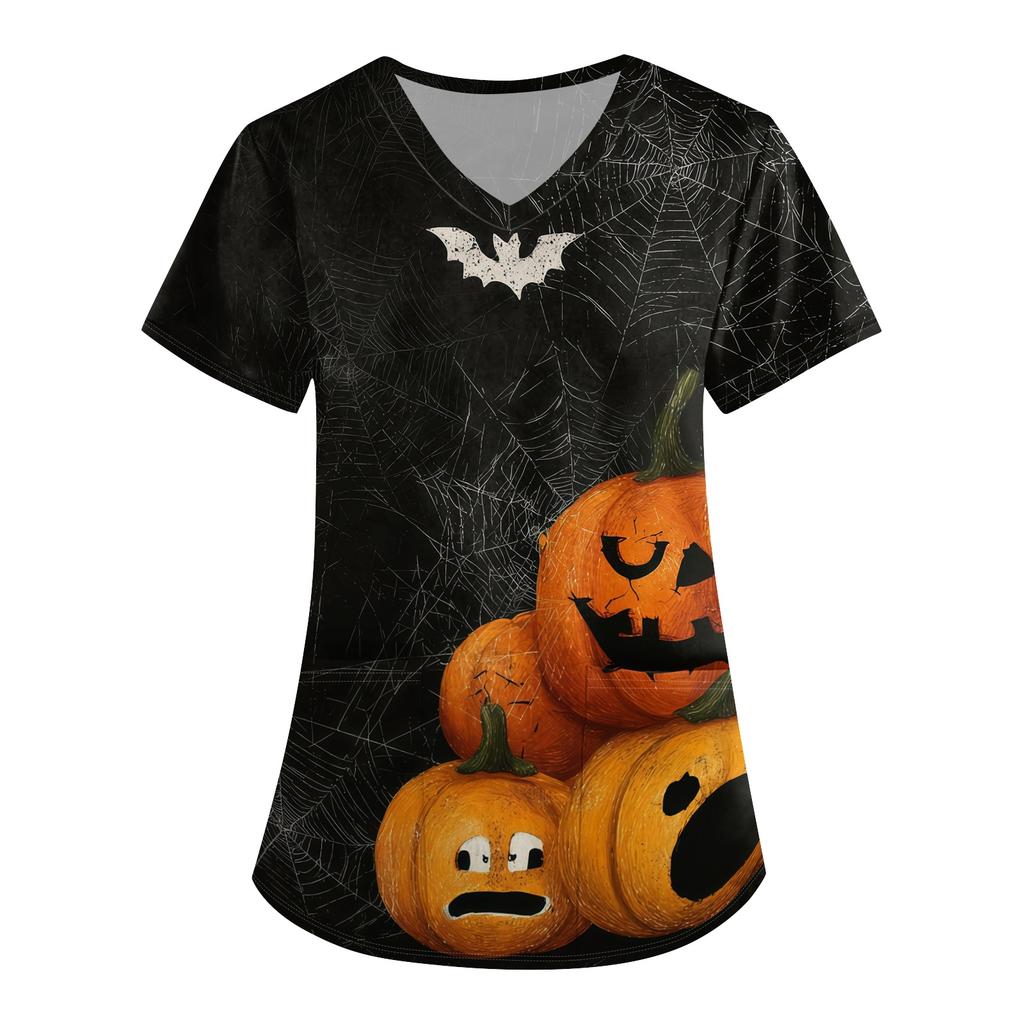 Women Halloween Print Loose Fit V Neck Short Sleeve Scrub Top Nurse Uniform with Pockets Suitable for Healthcare Professionals